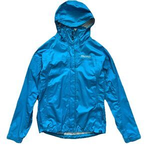 Marmot Hooded Rain Jacket Blue Womens XS Waterproof Windbreaker Hiking Outdoor